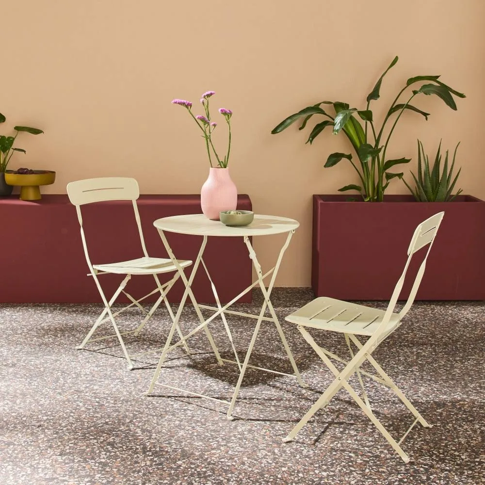 sweeek Round bistro garden table, steel, folding + 2 chairs in Green