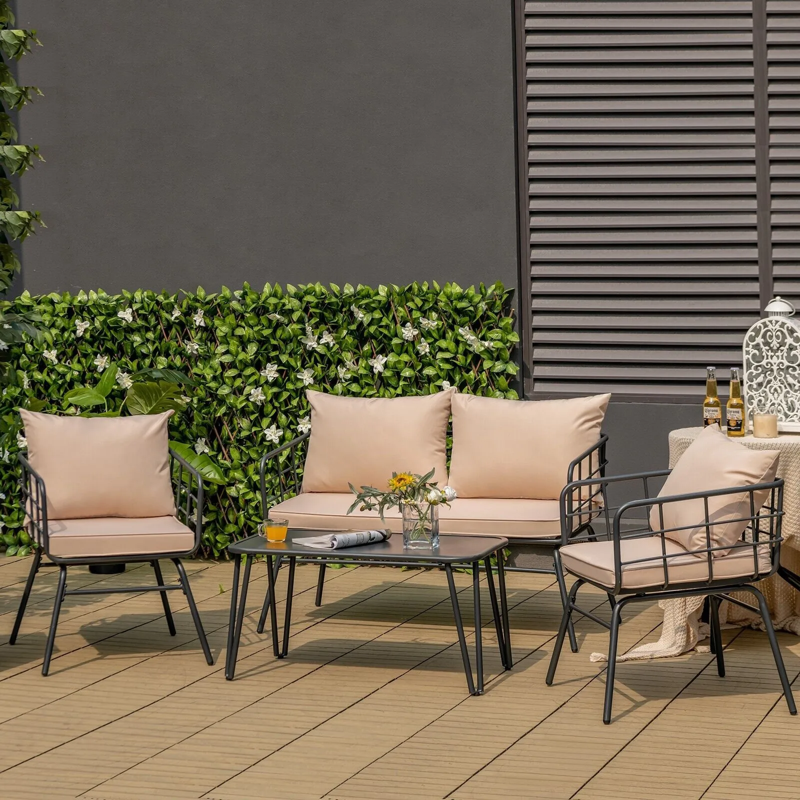 Costway 4 PCS Patio Conversation Set Outdoor Furniture Loveseat Coffee Table 2 Chairs in Beige 6