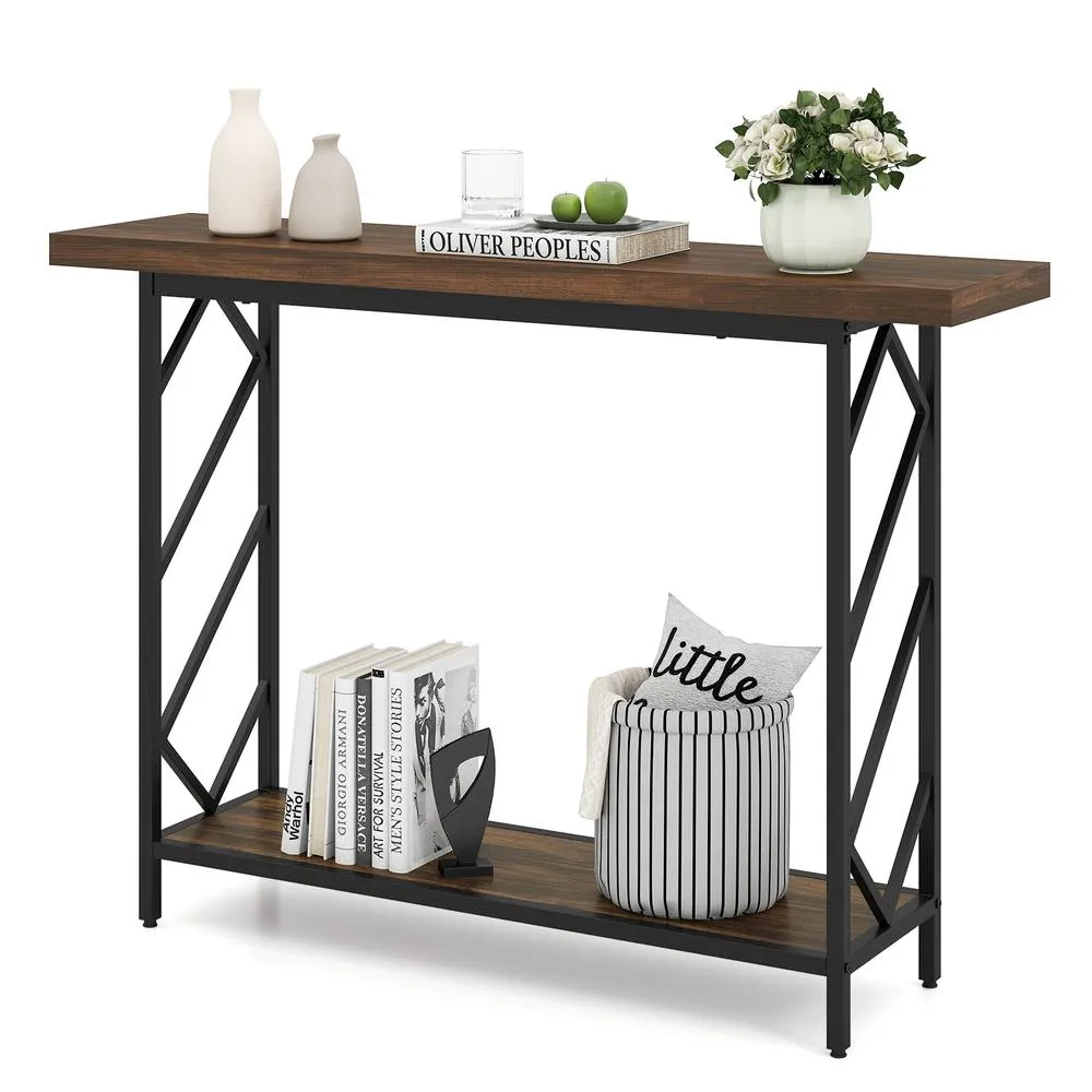 Costway 120CM Narrow Console Table 2-Tier Entryway Table W/ Storage Shelf in Brown