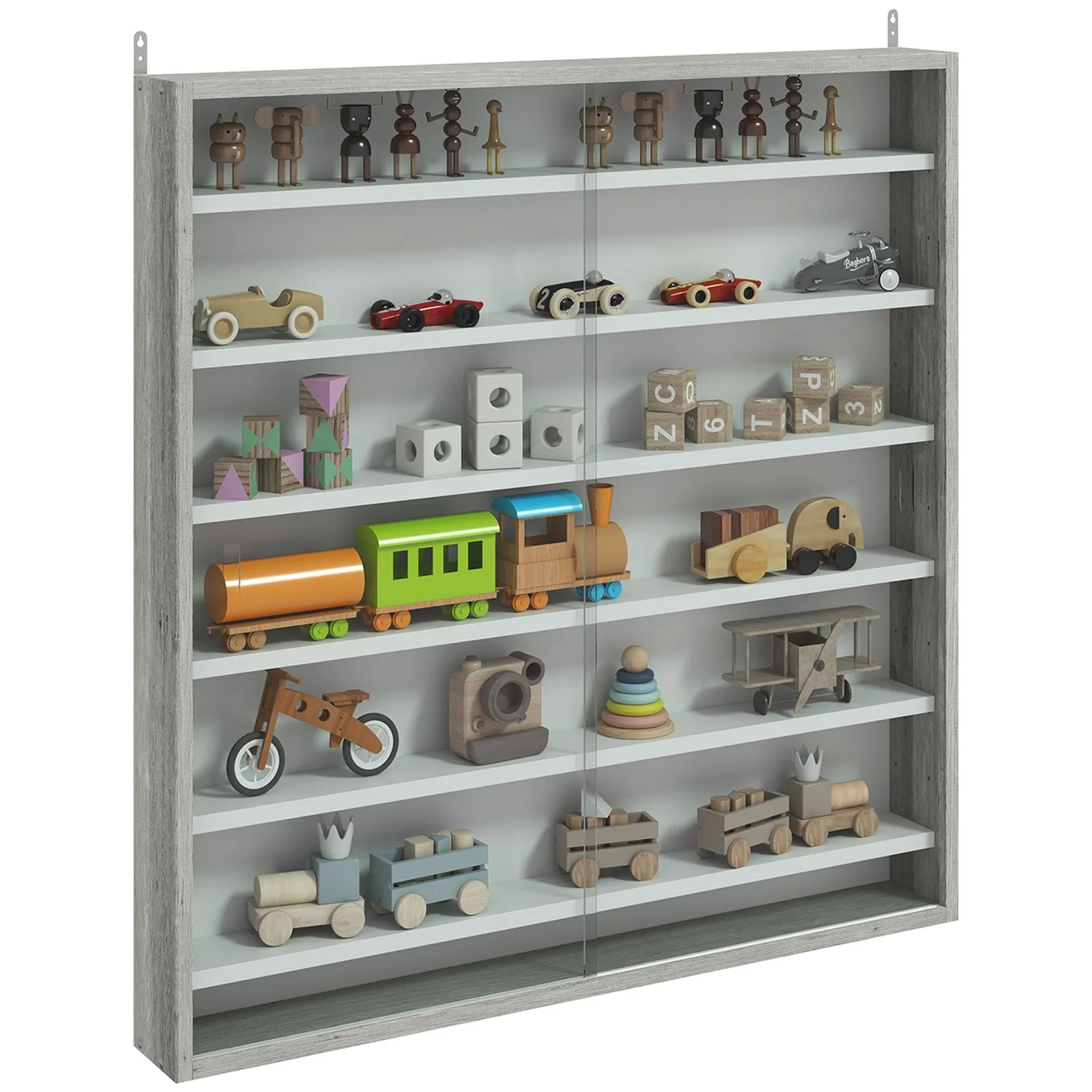 HOMCOM 7-Tier Wall Display Cabinet w/ Shelves Glass Doors in Grey 2