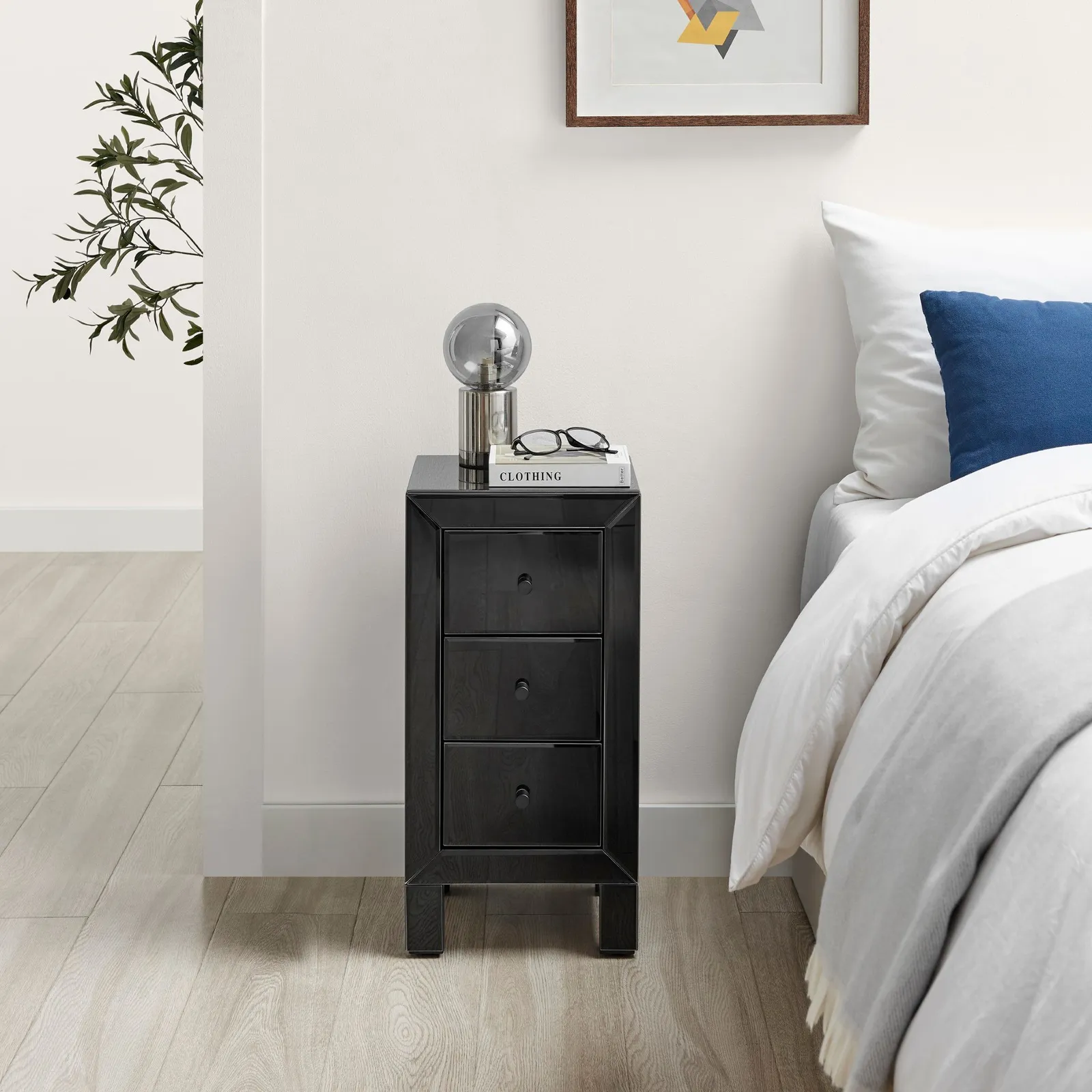 FurnitureboxUK Lexi Small Slimline 3 Drawer Wooden Bedside Table With A Modern Mirrored Finish in Black 2