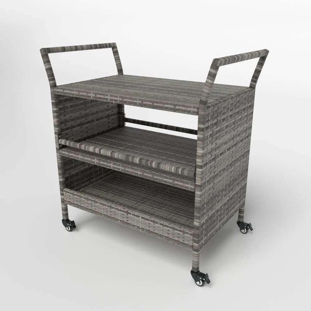 Costway Outdoor Bar Cart 3-Tier Patio Rattan Storage Wheels in Grey