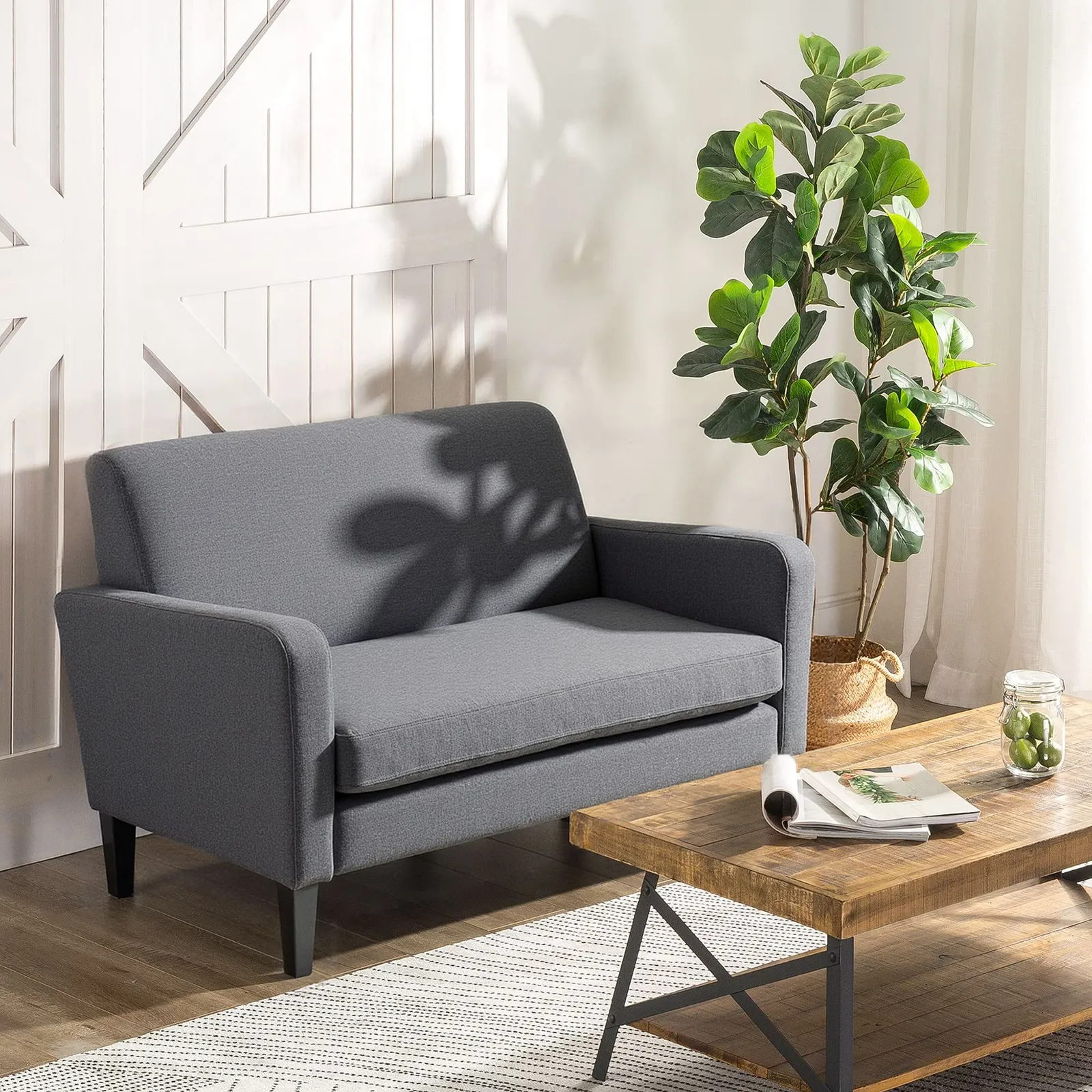 HOMCOM Linen Modern-Curved 2-Seat Sofa Loveseat with Thick Cushion Wood Legs in Grey