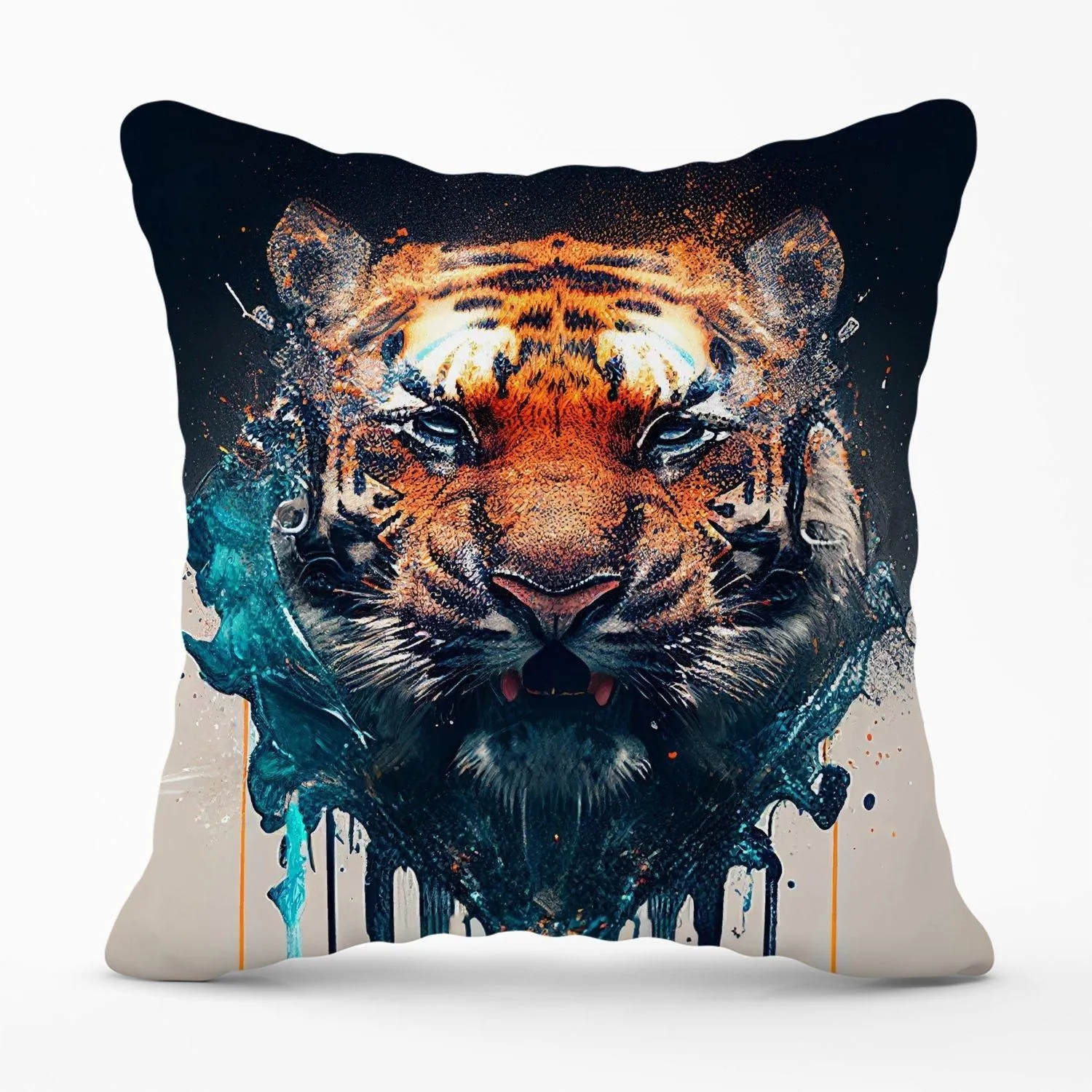 Warren Reed - Designer Tiger Face Splashart Outdoor Cushion in Brown