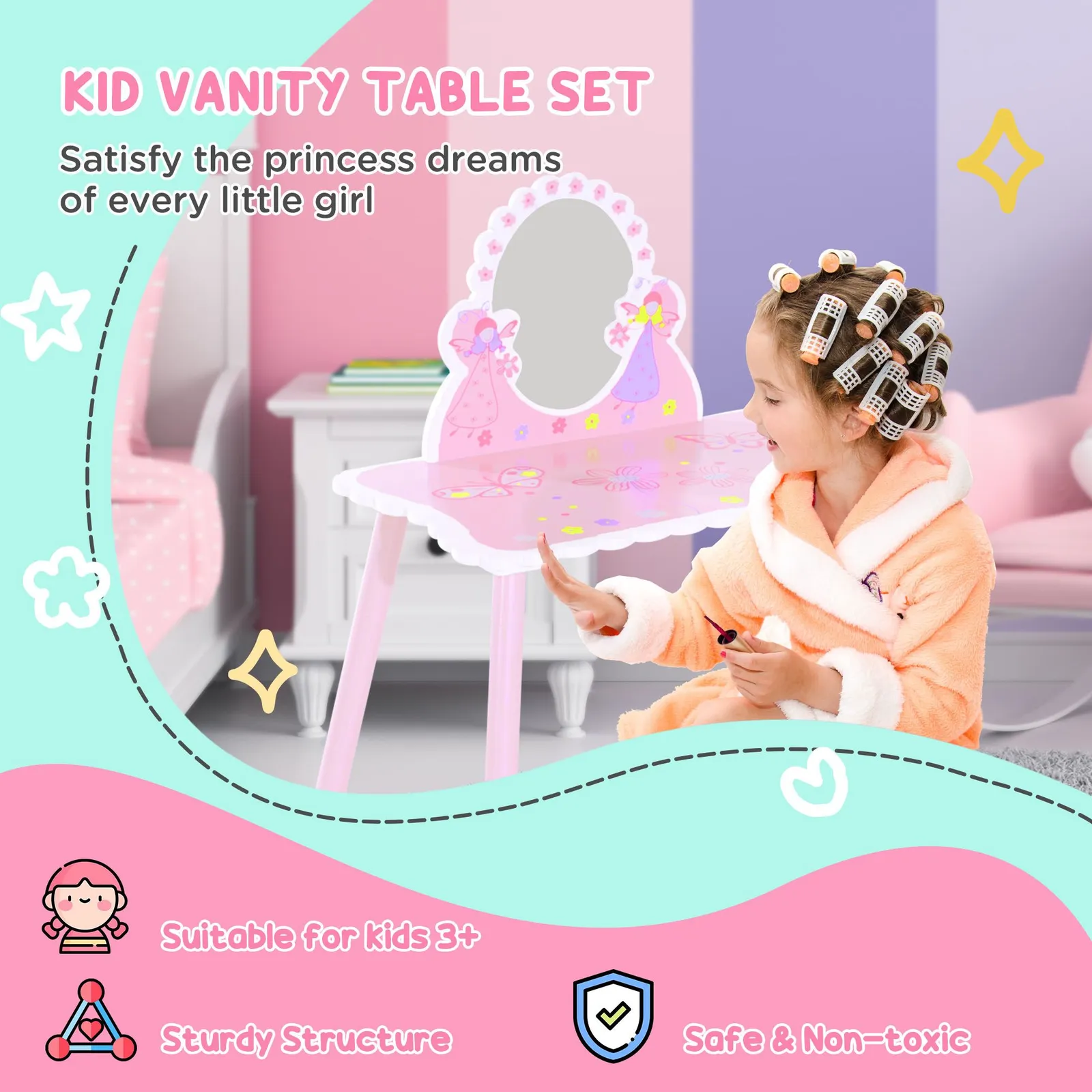 HOMCOM Make Up Play Set Desk Chair Mirror Girls Pink Dressing Table with stool MDF Pink 4