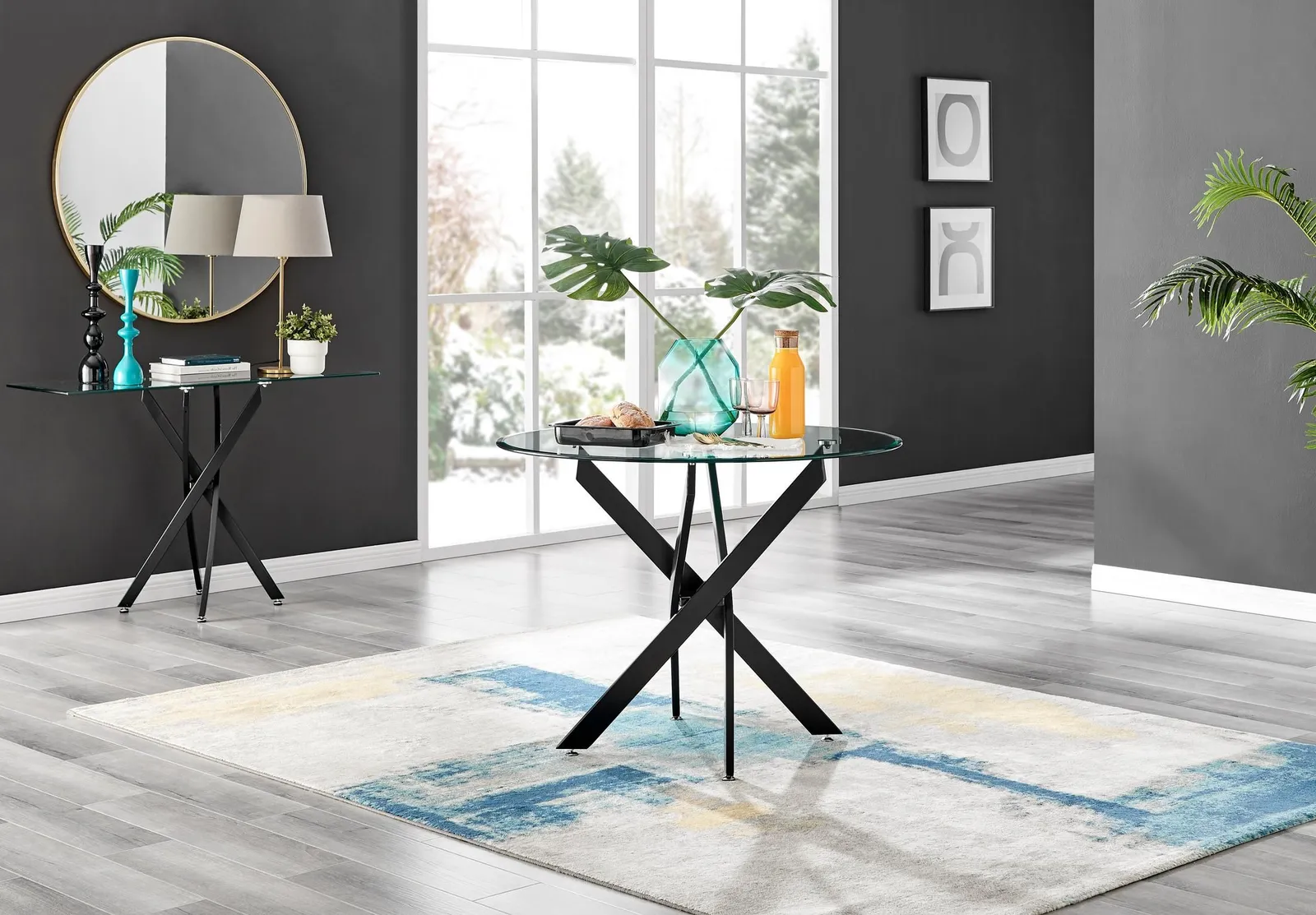 FurnitureboxUK Novara 4 Seater Black Leg Round Glass Dining Table & 4 Corona Faux Leather Black Leg Chairs in Grey 6