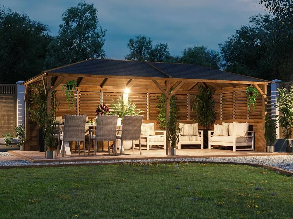 Dunster House Wooden Gazebo Kit with Louvre Wall & Shingles 6m x 3m - Utopia in Brown 2