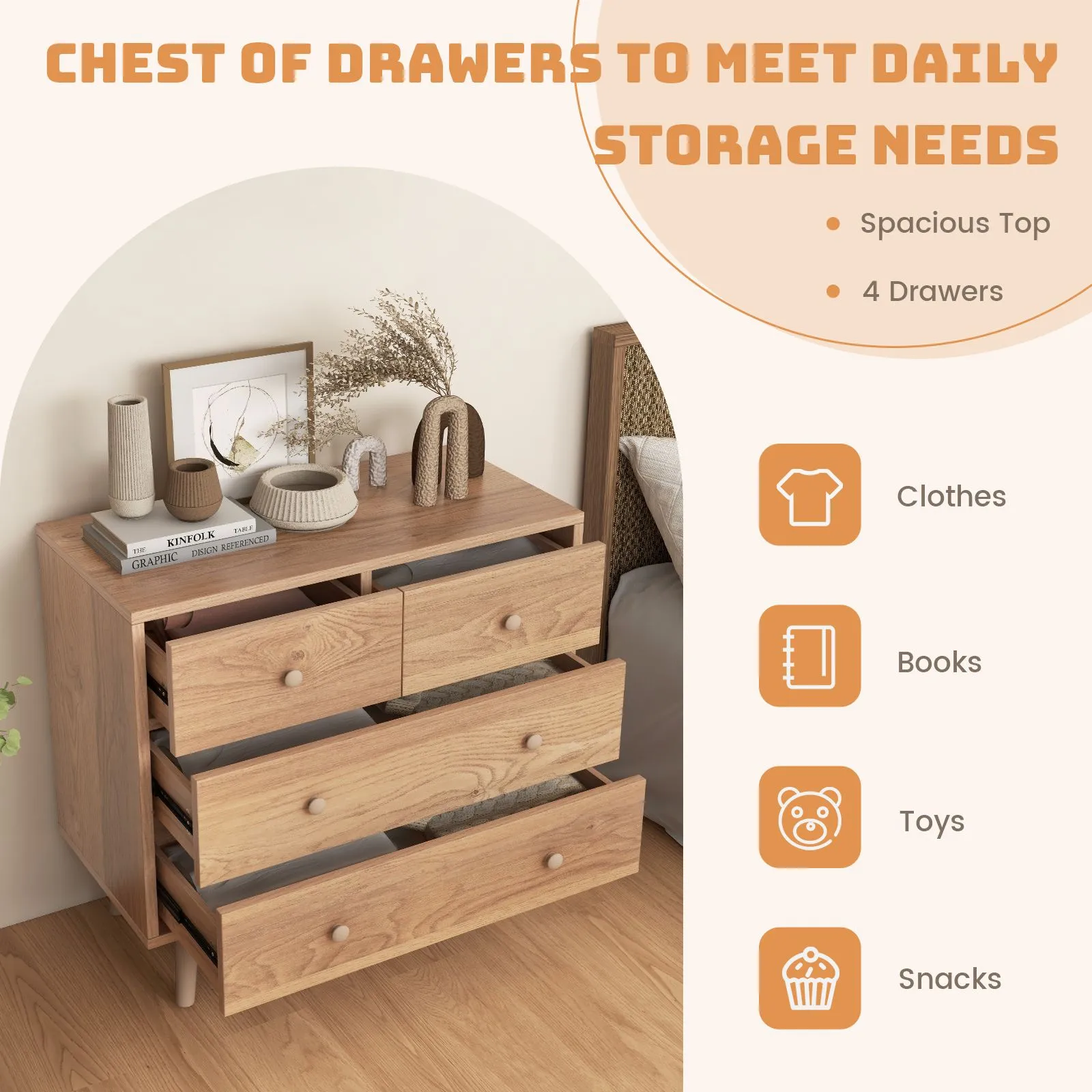 Costway 4-Drawer Chest Storage Cabinet Dresser Freestanding Organizer w/ Anti-tipping Device in Natural 4