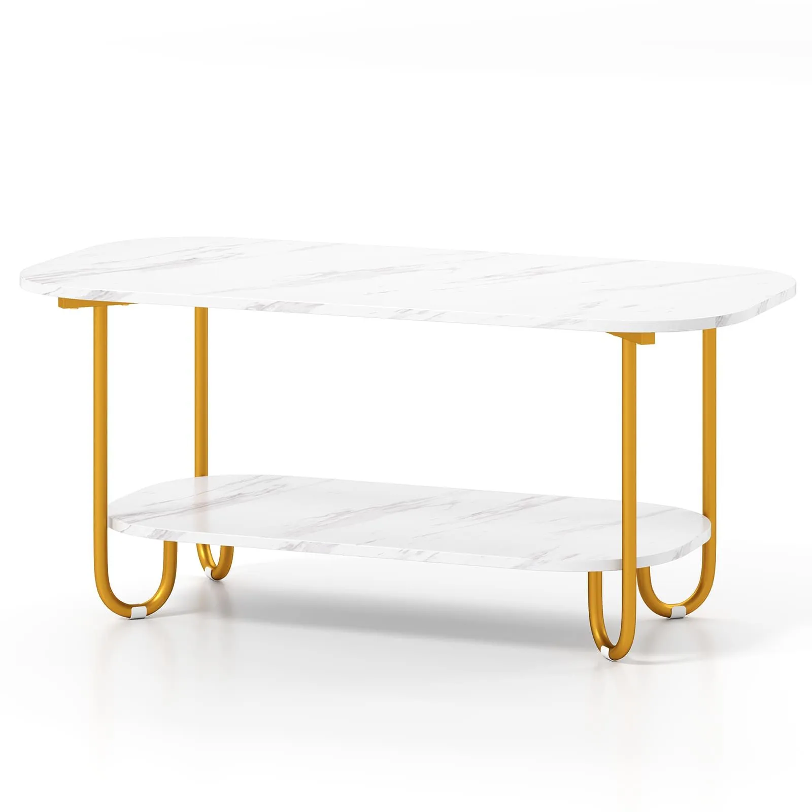 Costway Faux Marble Top Coffee Table Office Modern 2-tier Tea Table-White in White 2