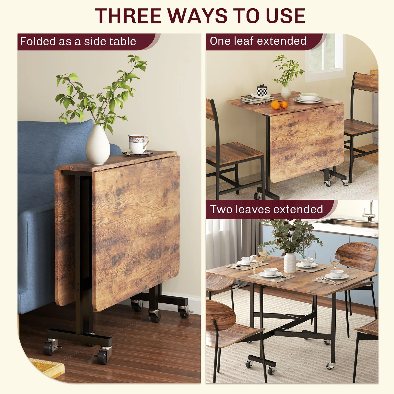 HOMCOM Mobile Drop Leaf Table, Folding Kitchen Table with 6 Wheels in Brown 4