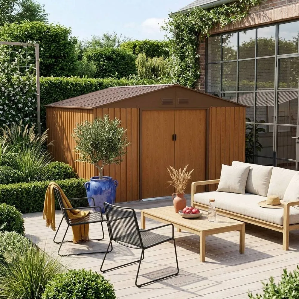 sweeek 10.85 m² metal garden shed with two sliding doors in Brown 3