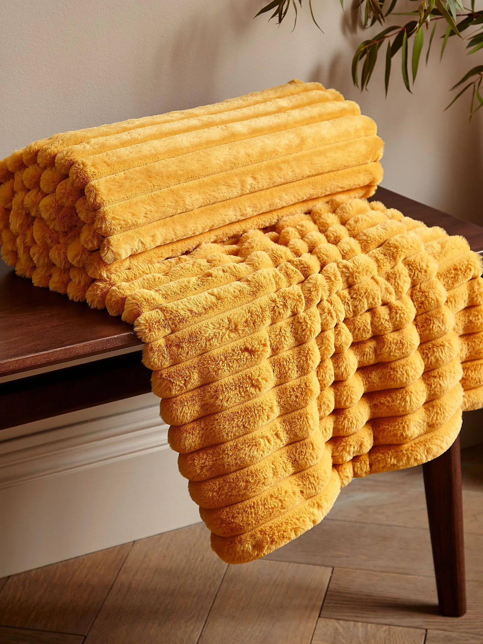 Catherine Lansfield 'Cosy Ribbed' Blanket Throw in Mustard