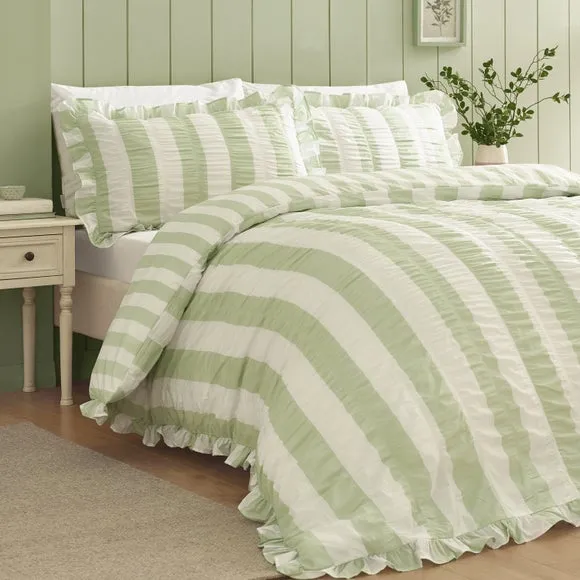 Catherine Lansfield Seersucker Frill Stripe Polycotton Duvet Cover & Pillowcase Set 1