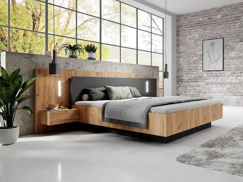 Vente-unique Bed With Bedside Tables 140 X 190 Cm - 2 Drawers - With Leds in Grey