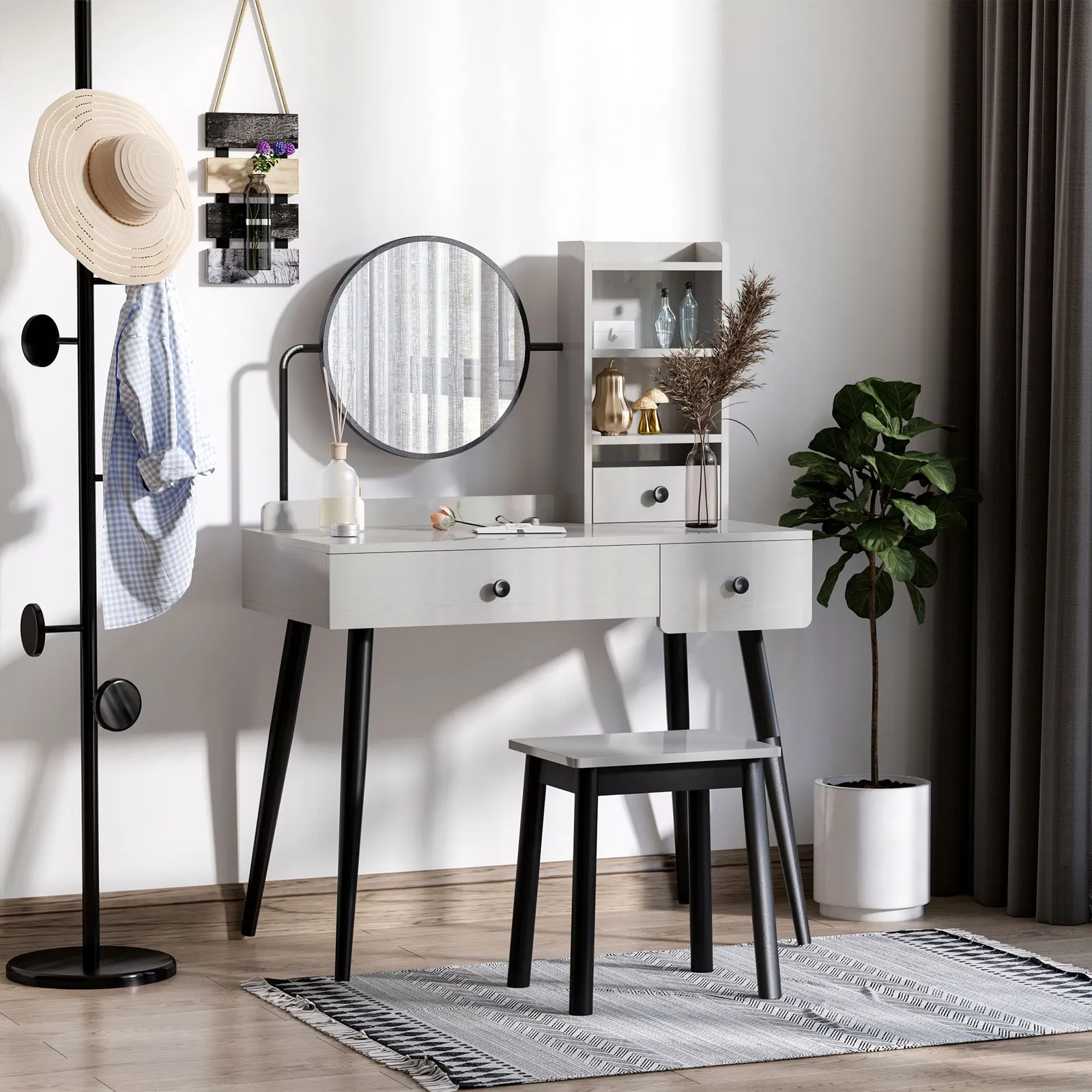 HOMCOM Dressing Table Set with 3 Drawers, Storage shelves & Stool in Grey 4
