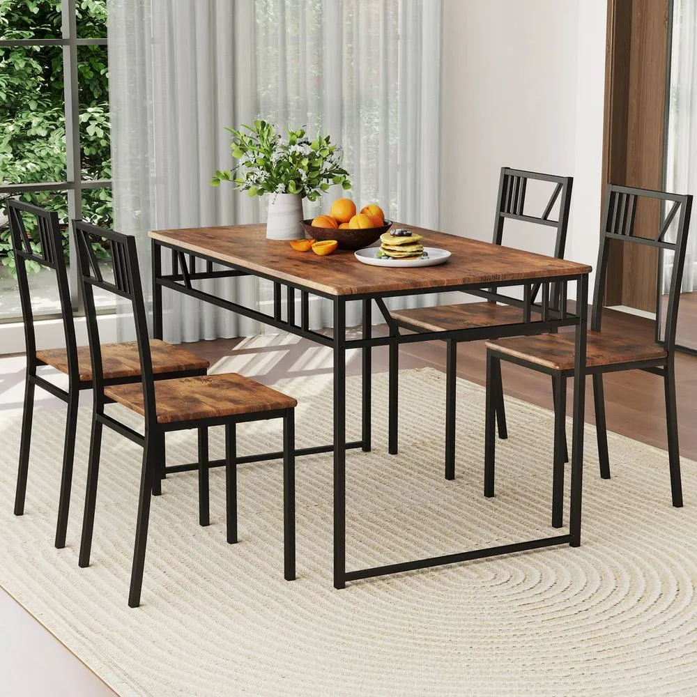Costway 5 Pcs Dining Table Set Industrial-Style Kitchen Table & 4 Chairs in Brown 4
