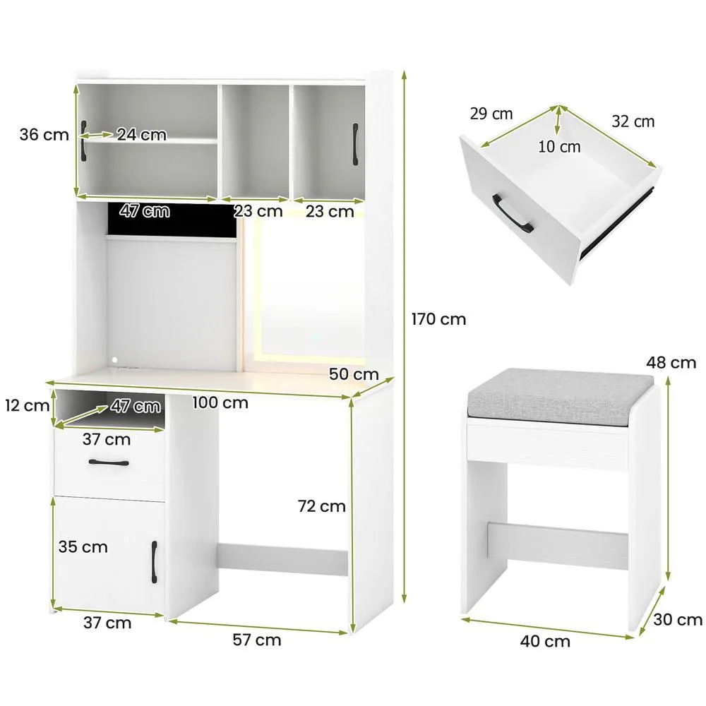Costway Vanity Desk w/ Mirror & Lights Makeup Dressing Table w/ Power Outlets in White 2