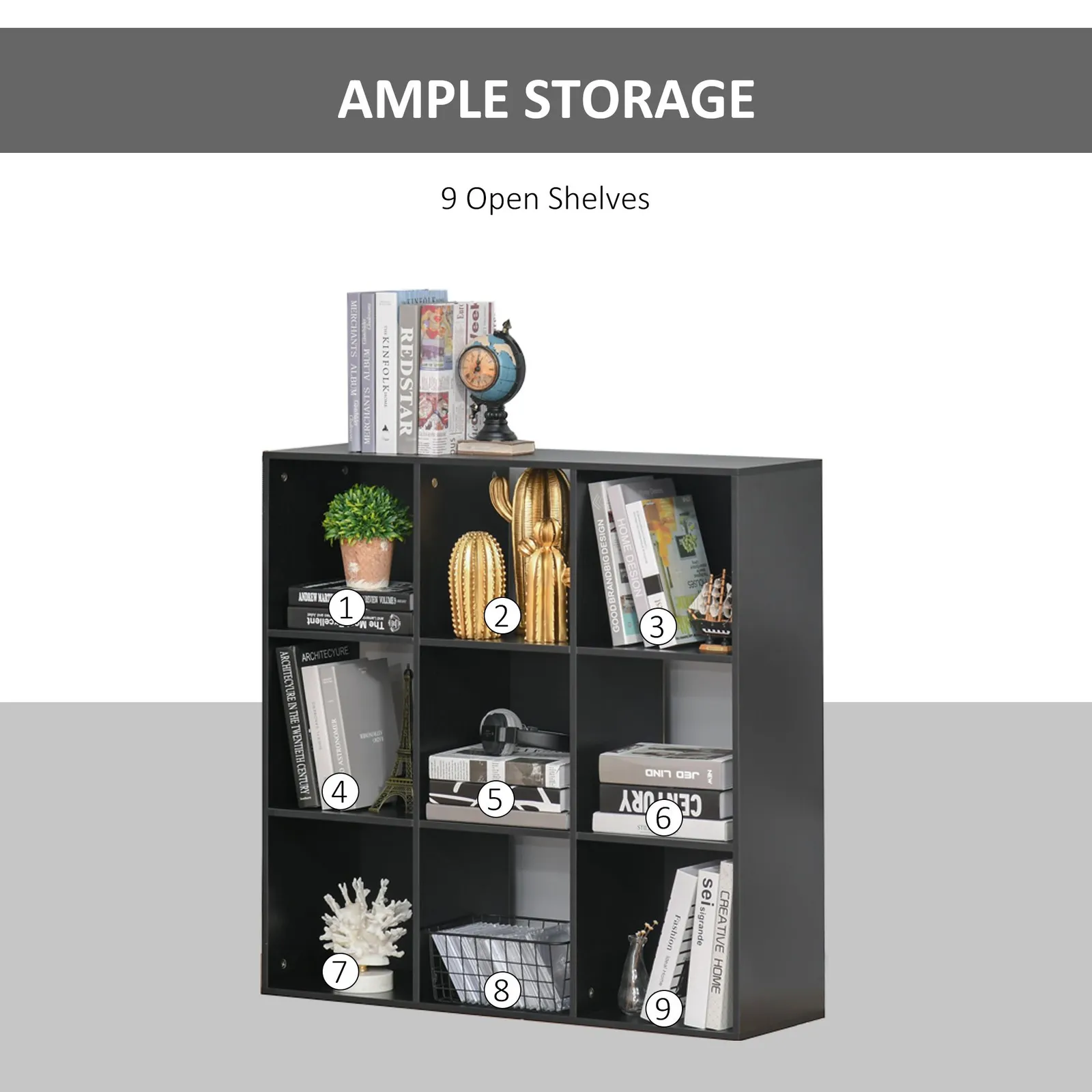 HOMCOM Bookshelf Storage Cabinet Bookcase 9 Cubes Particle Board Home Office in Black 6