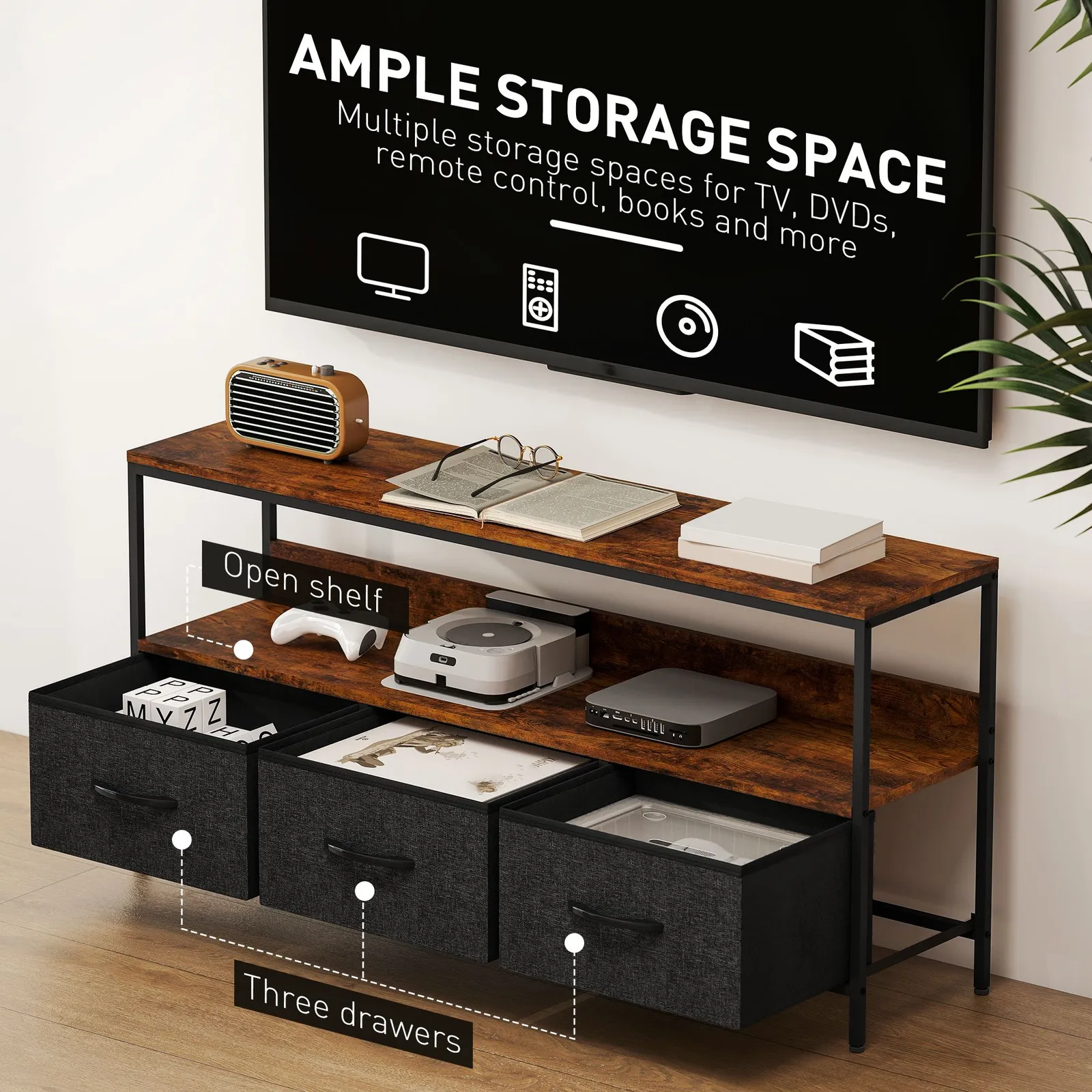 HOMCOM TV Cabinet, TV Console Unit with 3 Foldable Linen Drawers Brown 5