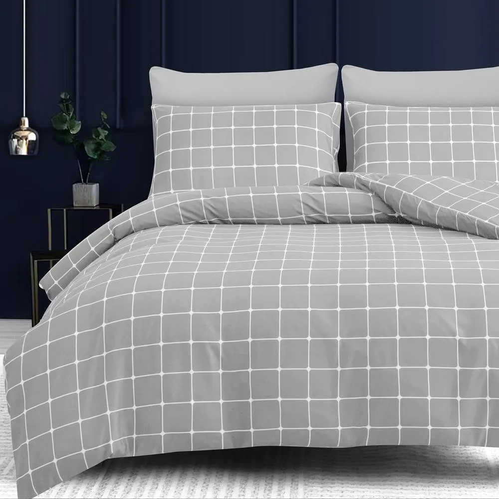 Pamposh Reversible Check Duvet Cover Set With Matching Pillowcases in Grey