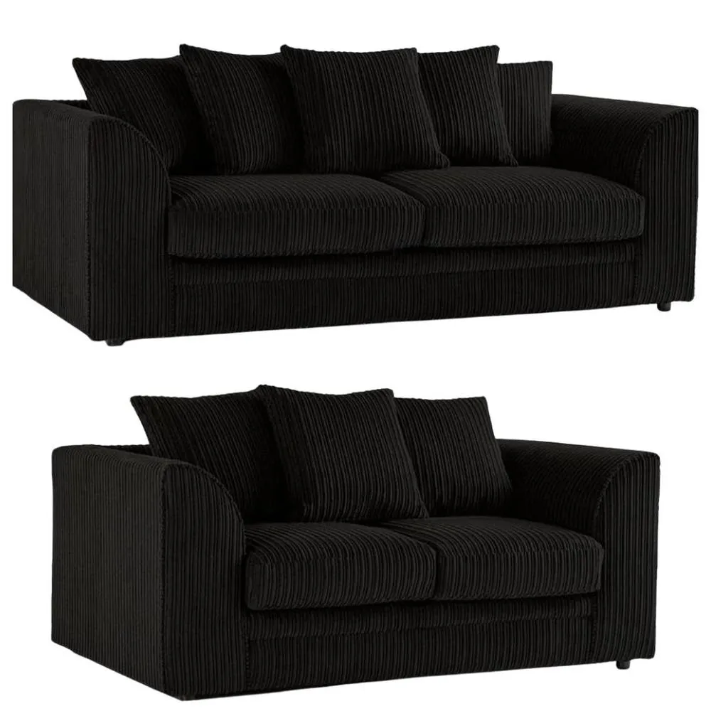 Bliss Furniture Jumbo Cord Dylan 3+2 Seater Scatter Back Sofa Set in Black