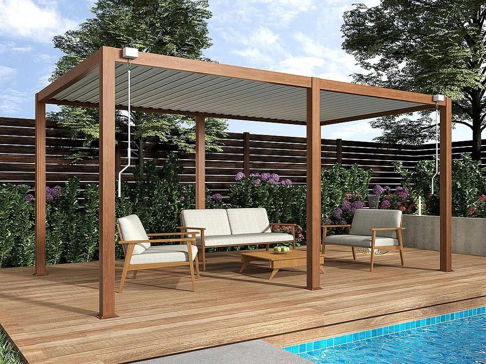 Vente-unique Self-Supporting Bioclimatic Aluminium Pergola With Adjustable Louvres in Walnut