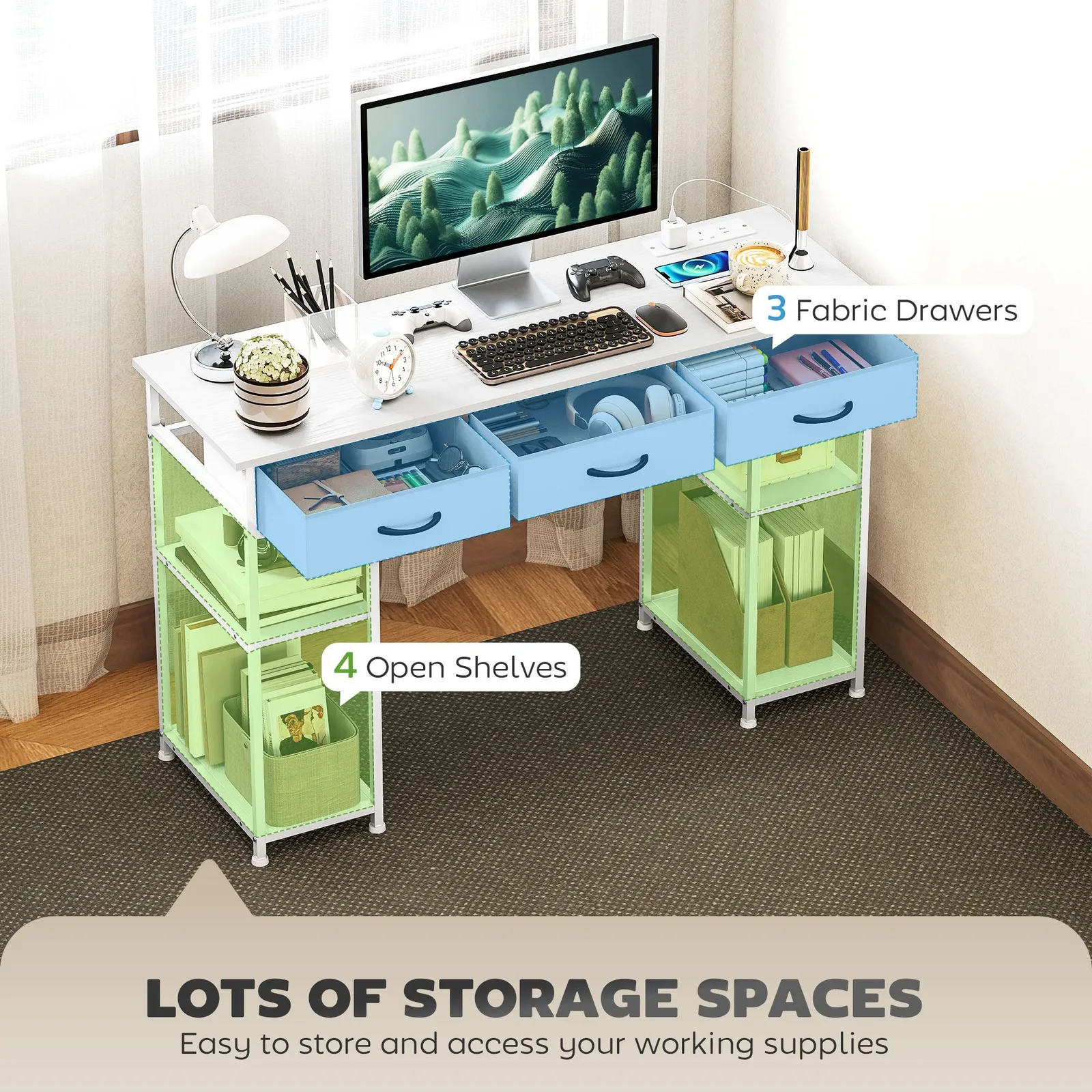 HOMCOM Computer Writing Desk with Power Outlets, Drawers, Shelves, White 4