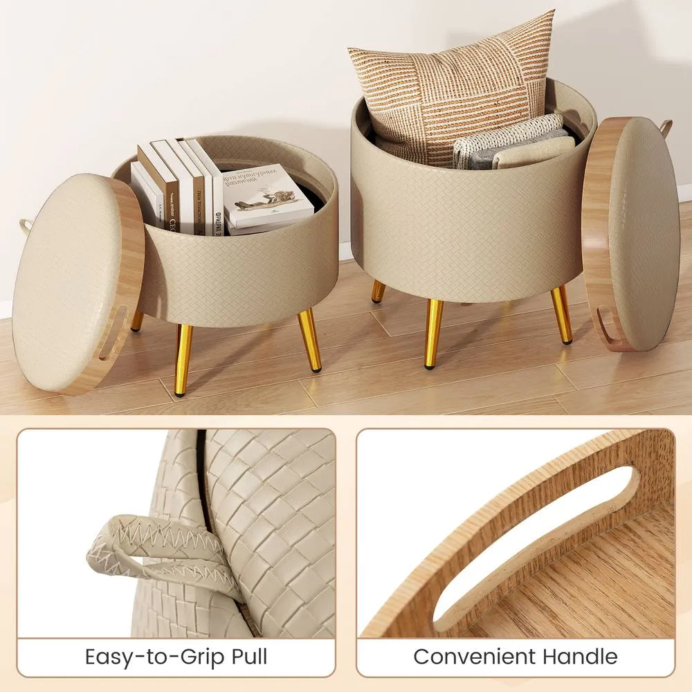 Costway Storage Ottomans Set of 2 Leather Upholstered Round Footrests in Beige 5