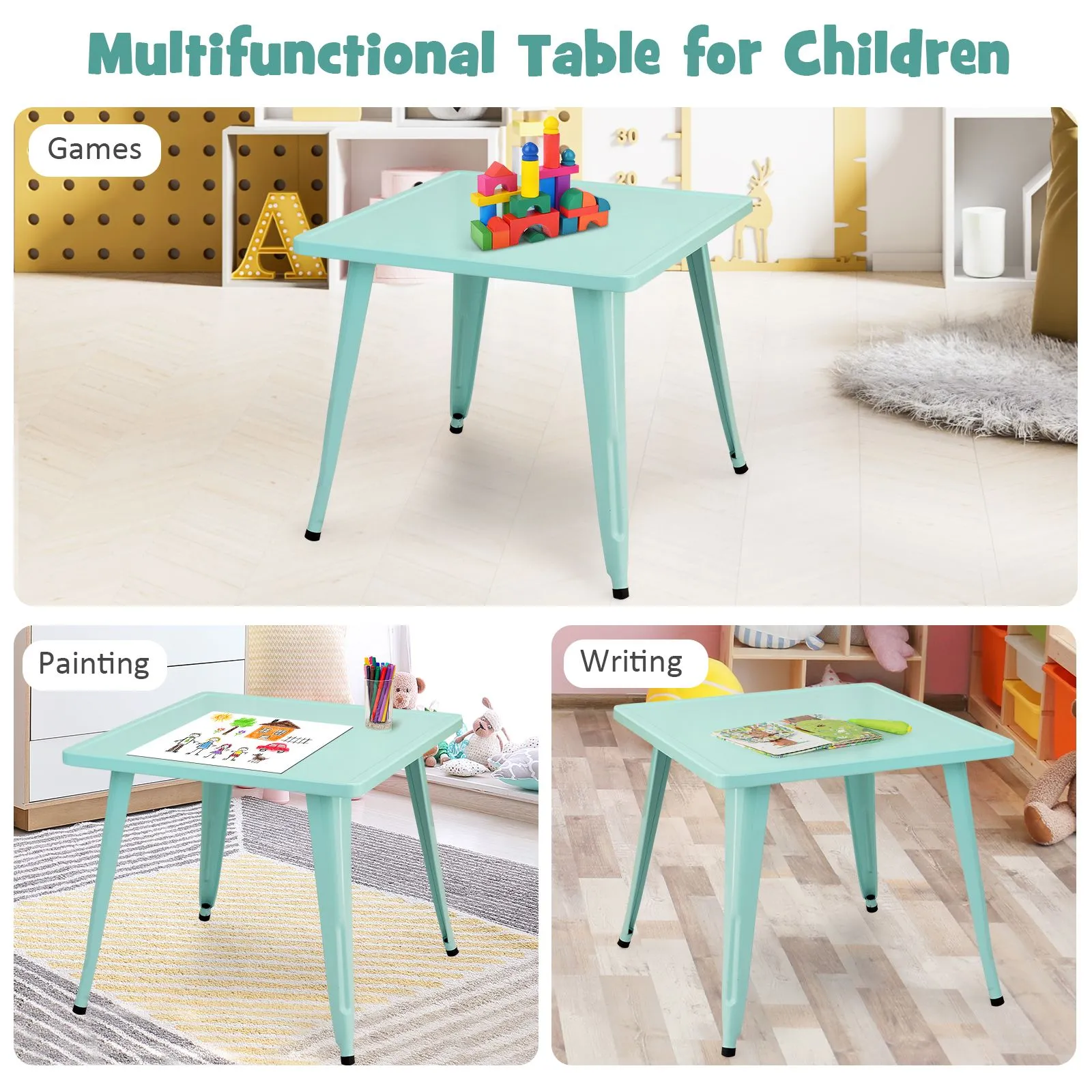 Costway Steel 27" Square Table Children Play Learn Activity Table Indoor Outdoor in Blue 4