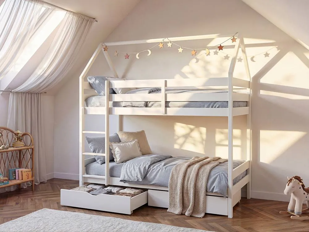 Vente-unique Cabin Bunk Beds 2 X 90 X 190 Cm - 2 Drawers - Pine - White - CHORI 5
