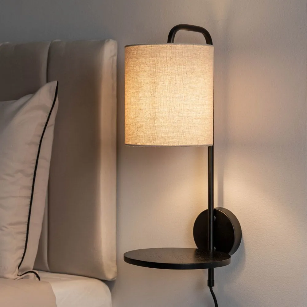 ValueLights Ryan Natural Linen Lamp Shade Black Metal Wall with Black Wood Shelf 4