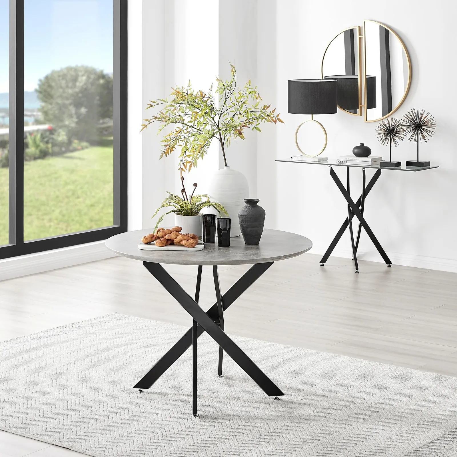 FurnitureboxUK Novara 100cm Round 4-Seater Dining Table With Black Metal Legs in Grey 1