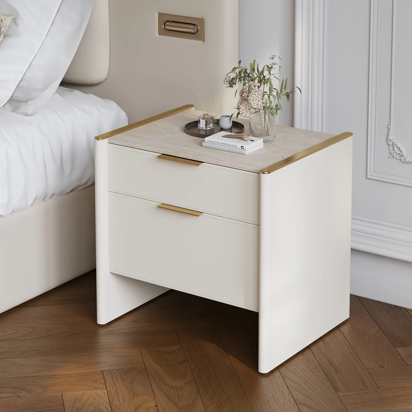Modern Saddle Leather 2-Drawer Nightstand with Faux Travertine Stone Top