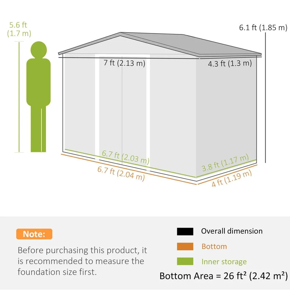 OUTSUNNY 7 x 4ft Garden Shed Storage w/ Foundation Kit, Vents, Light Grey 3