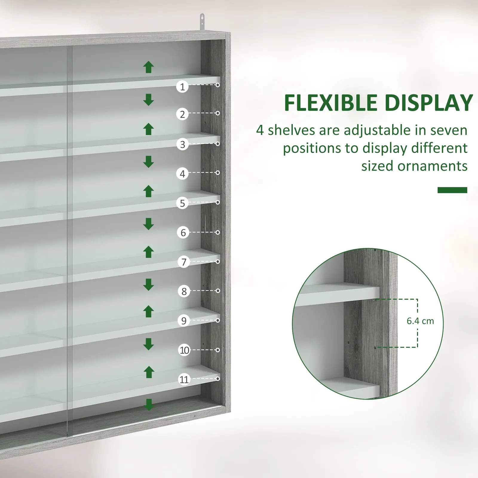 HOMCOM 7-Tier Wall Display Cabinet w/ Shelves Glass Doors in Grey 4