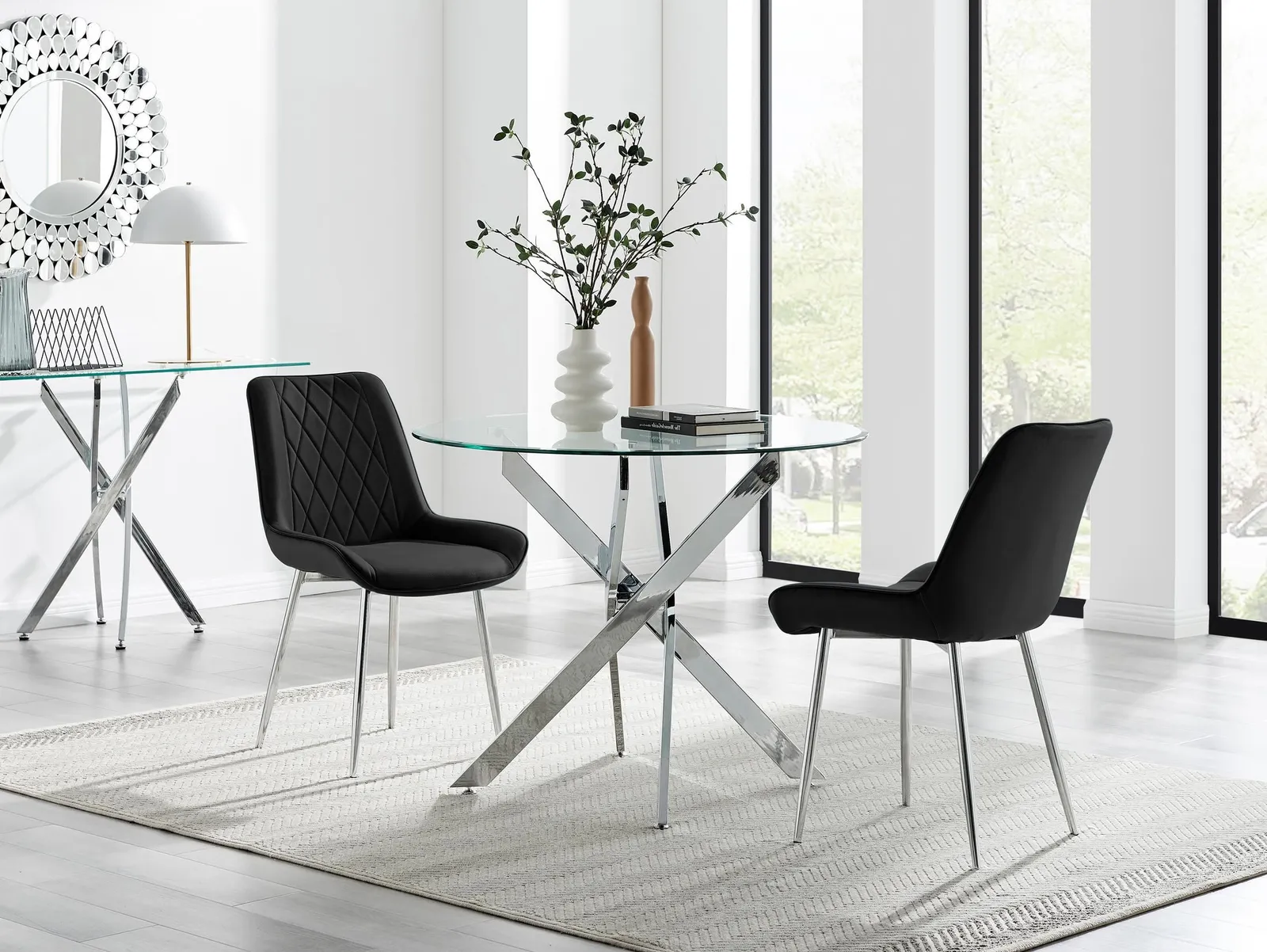 FurnitureboxUK Novara 100cm Round Dining Table & 2 Pesaro Silver Leg Chairs in Black