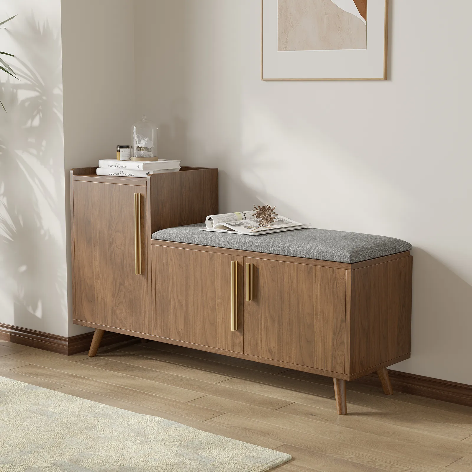 Shoe Storage Entryway Bench with Left-Side Cabinet Engineered Wood Shoe Rack in Walnut (120 cm)