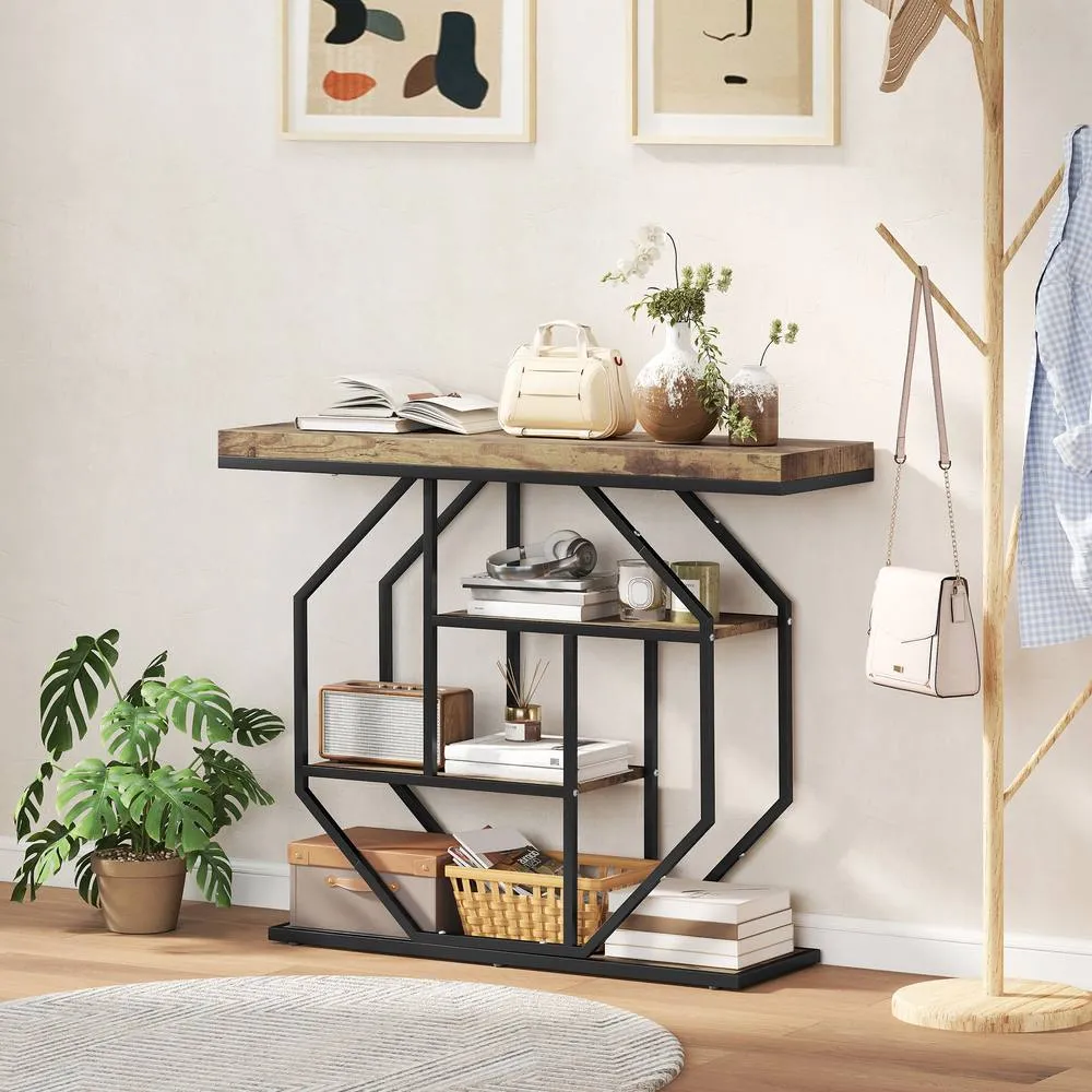 HOMCOM Industrial Console Table, Hallway Table with 4-Tier Shelves in Brown