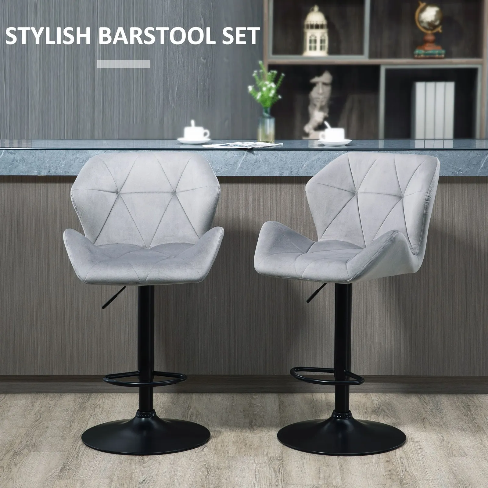 HOMCOM Of 2 Luxurious Velvet-Touch Bar Stools w/ Metal Frame Footrest Base in Grey 4
