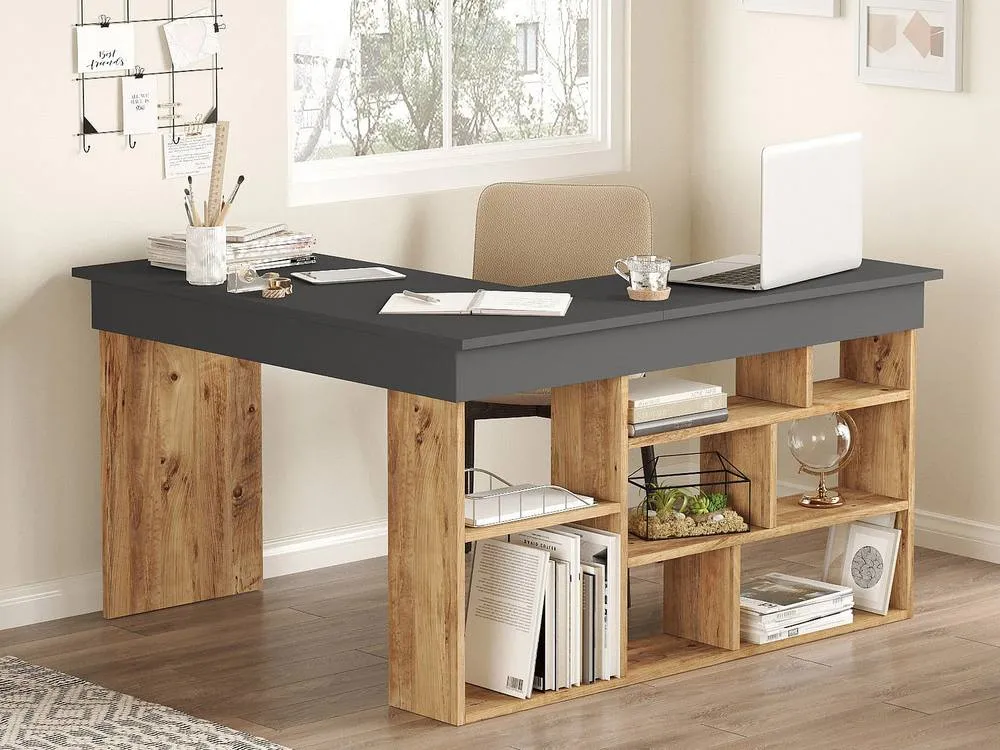 Vente-unique Corner Desk With Storage - Colour: Anthracite & Natural - LILEUL in Grey