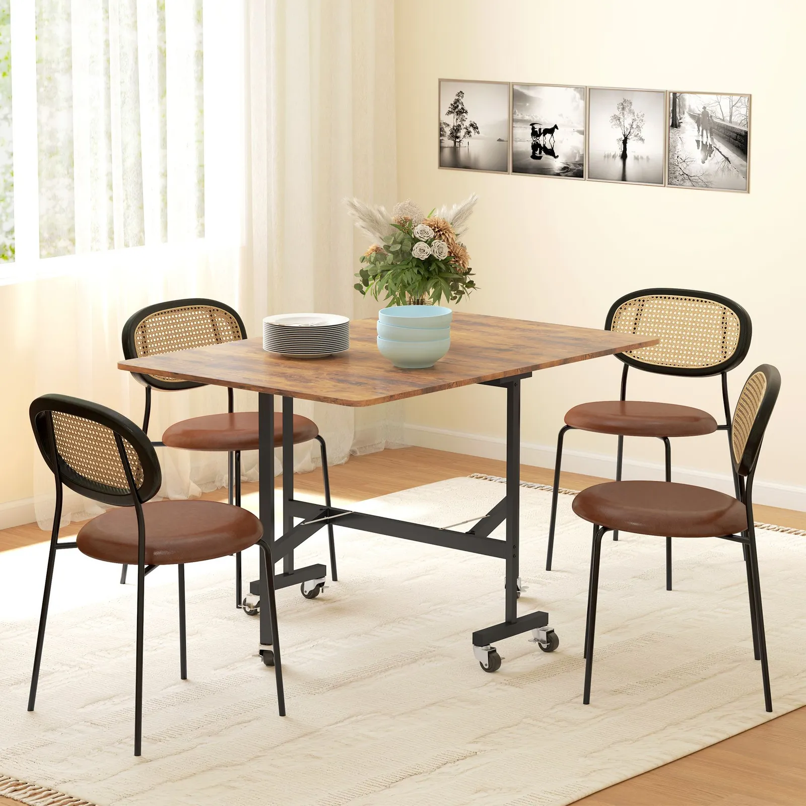 HOMCOM Mobile Drop Leaf Table, Folding Kitchen Table with 6 Wheels in Brown 1