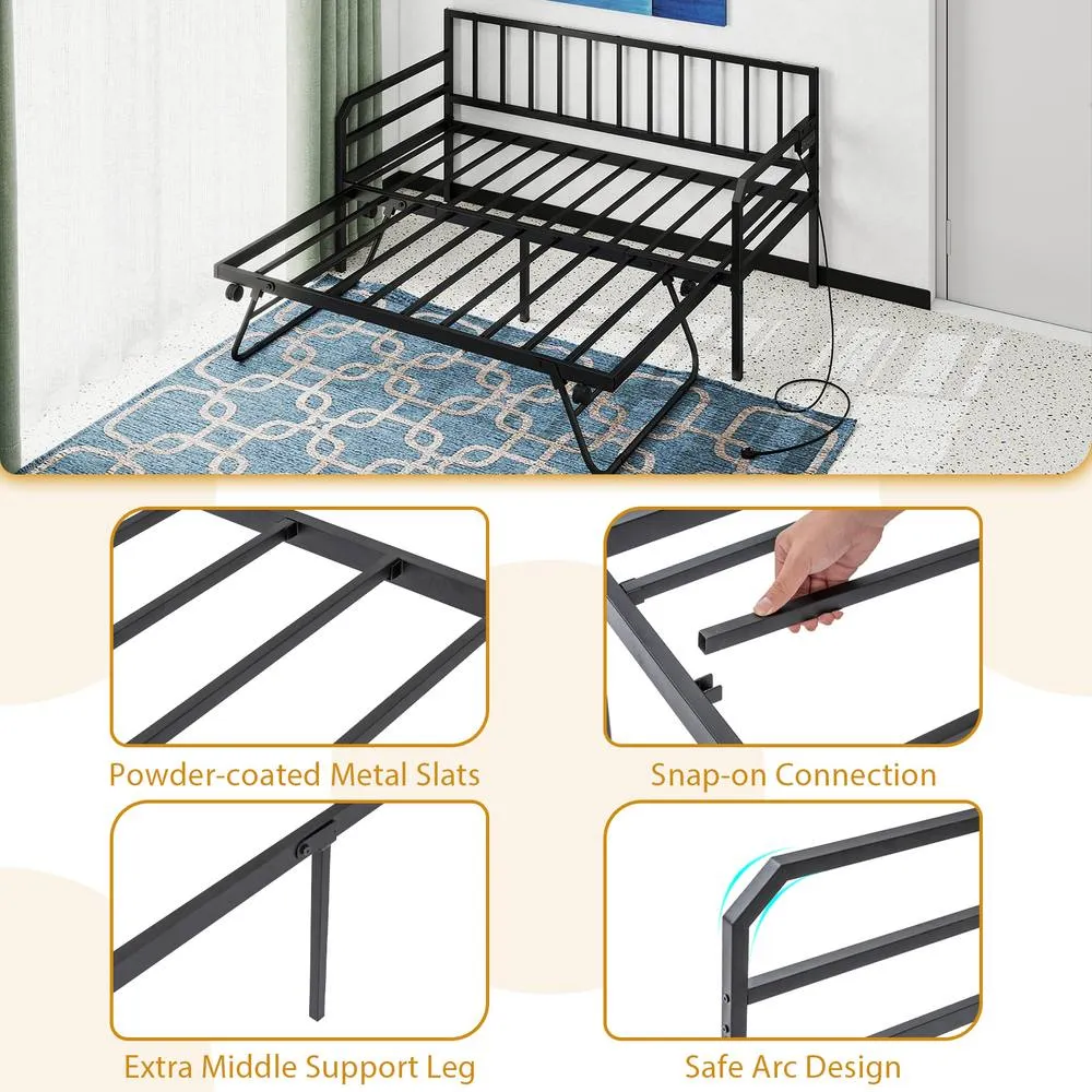 Costway Single Size Daybed with Charging Station & LED Lights in Black 6