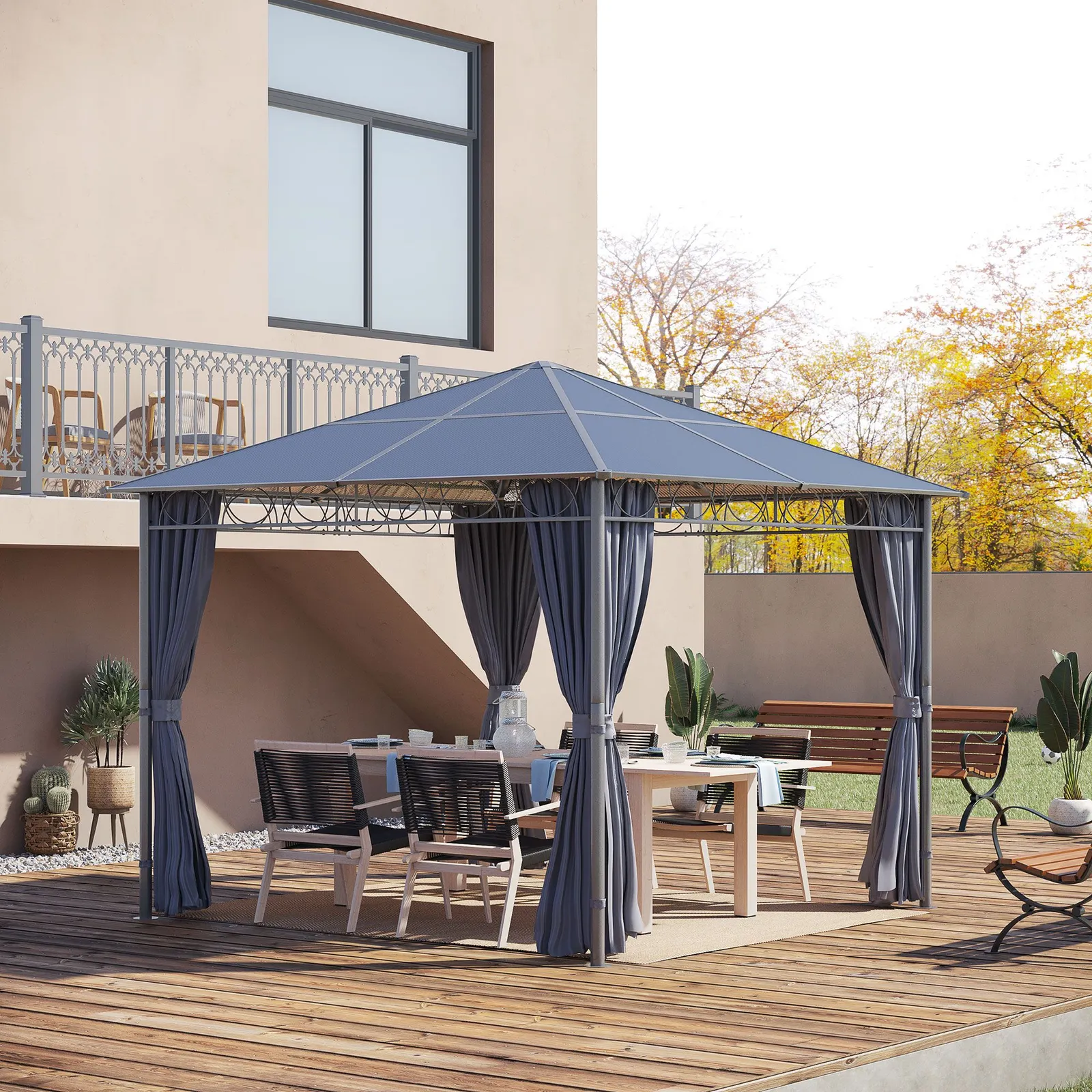 OUTSUNNY Hardtop Gazebo for Garden Party w/ Polycarbonate Curtains in Grey