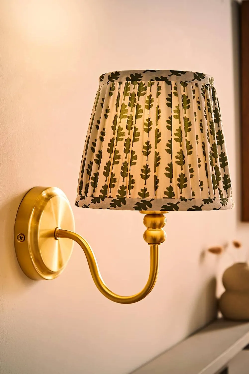 ValueLights Binky Pair of Rechargeable Gold Wall Lights with Floral Pleated Shades in Pale Green 3