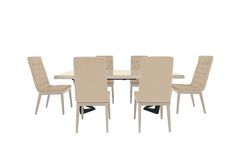 Palazzo 200cm Extending Dining Table in Sand Birch with 6 Capitonne Buttoned Chairs - Aquos Cream