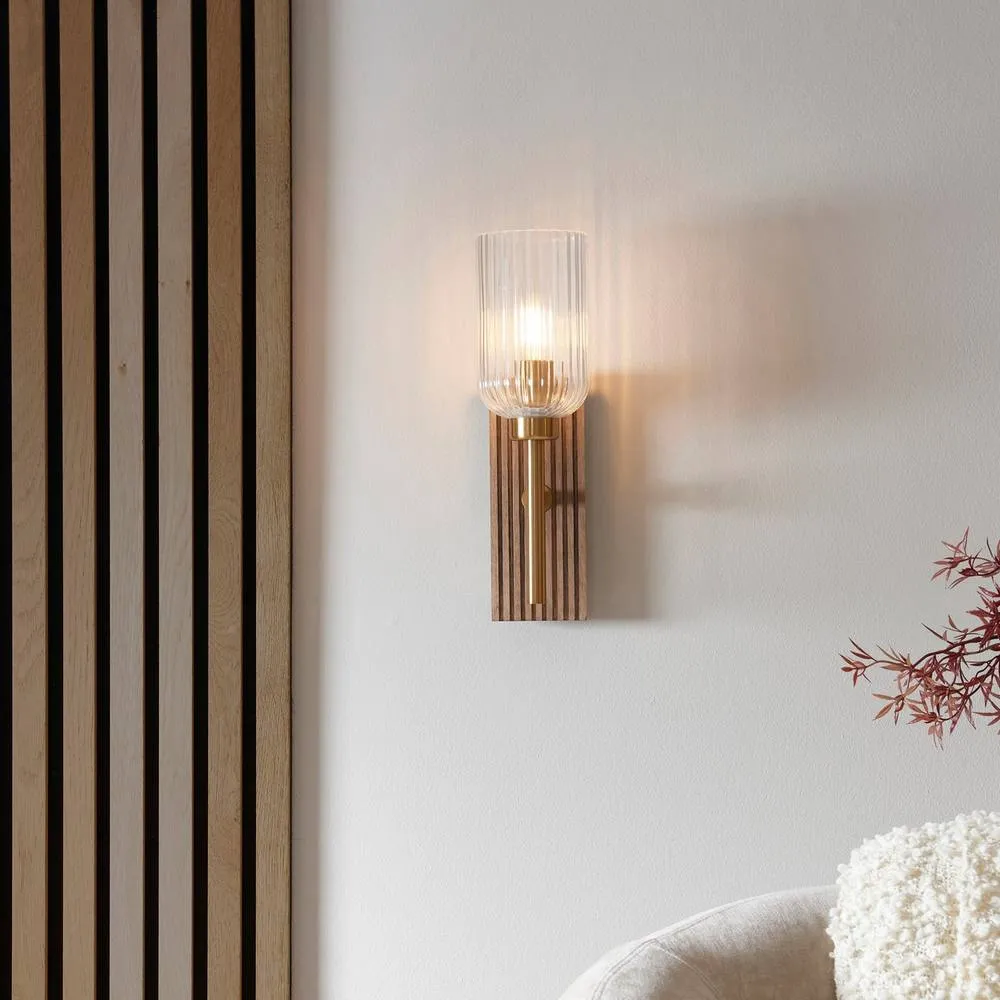 Netlighting Grove Wall Lamp Beechwood & Vintage Brass Ribbed Glass E14 in Brown 2