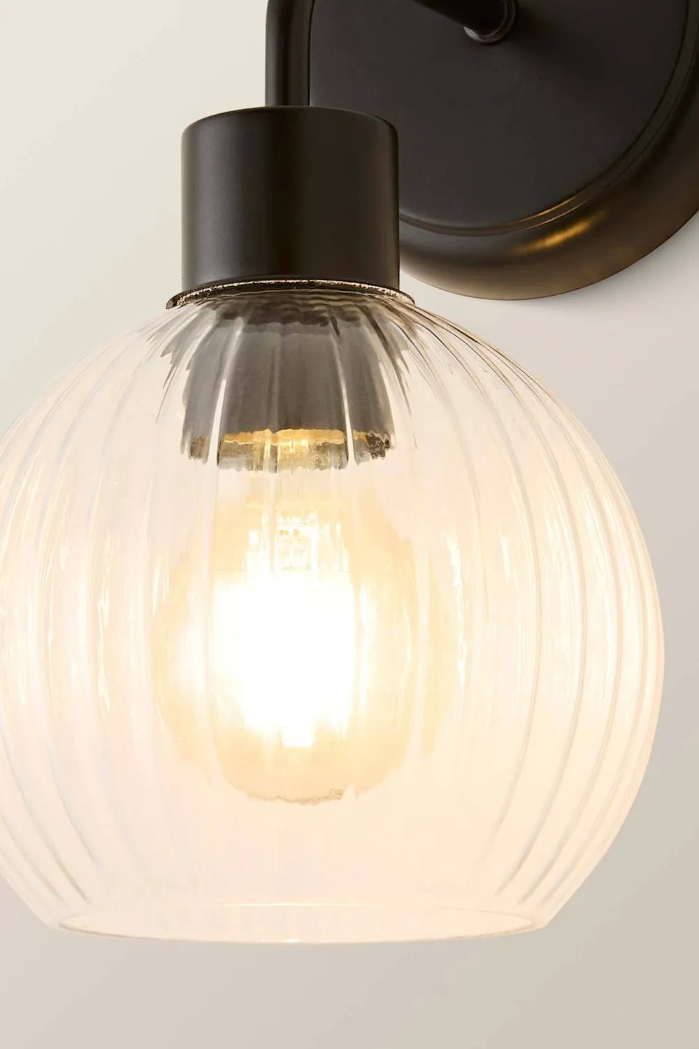 ValueLights Maddison Pair Clear Ribbed Glass Globe Metal Wall Lights & Bulbs in Black 5