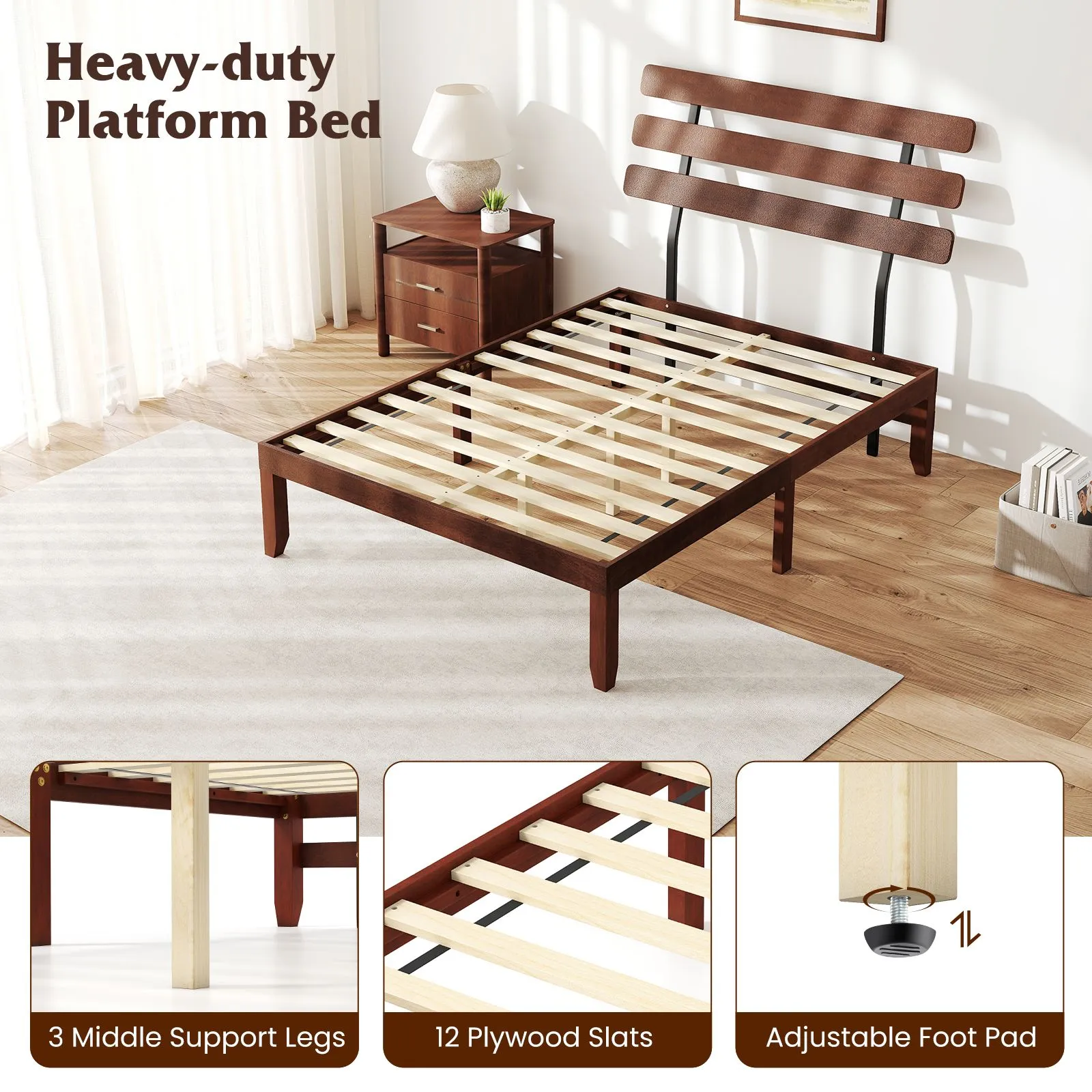 Costway Double Size Bed Frame Solid Wood Platform Bed w/ Headboard in Walnut 5