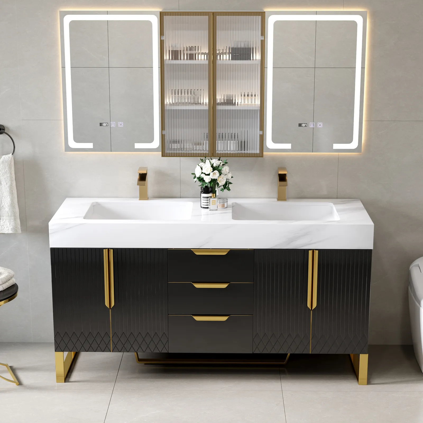 59" Double Sink Freestanding Vanity Set with LED Medicine Cabinet with Storage