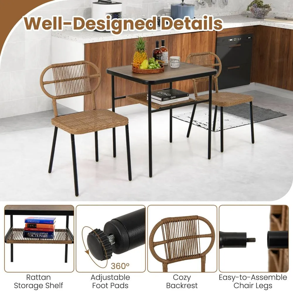 Costway 3 Piece Patio Dining Set 2 Varied-Size Stackable Rattan Chairs-Natural in Brown 3